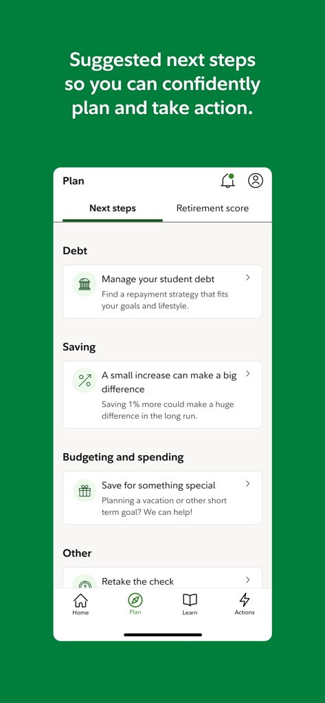 NetBenefits - Schermata dell'app Fidelity NetBenefits che mostra i prossimi passi di pianificazione finanziaria per debito e risparmi