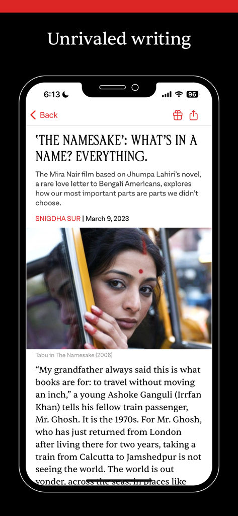 The Juggernaut - Screenshot of The Juggernaut app displaying an article about the film The Namesake featuring actress Tabu.