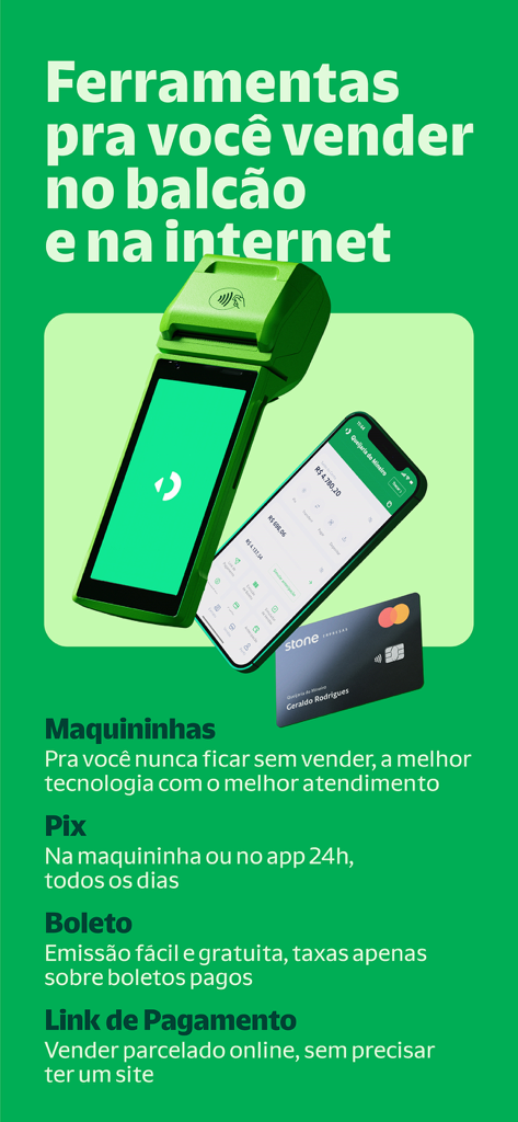 Stone: Maquininha e Conta PJ - Stone Kartenleser, Smartphone mit Geschäftsanwendungs-Oberfläche und physische Geschäftskarten.