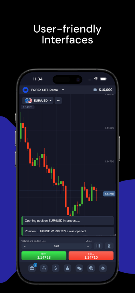Pocket: from trader to traders - App mobile Pocket Broker che mostra un'interfaccia di trading user-friendly con un grafico a candele per EUR USD