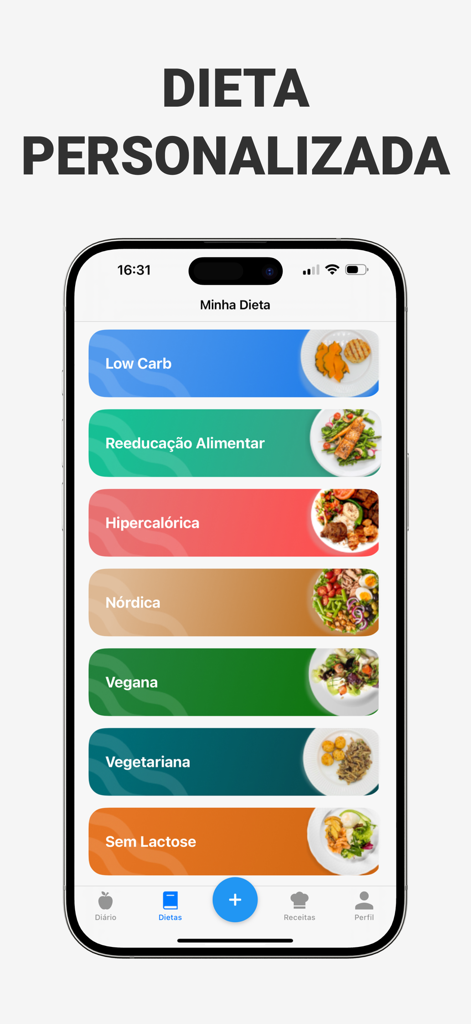 Interface showing various personalized diet plans like Low Carb and Vegan in the health app