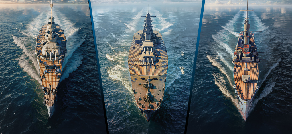 Navy War: Warship Simulator 3D - Three different warships sailing across the ocean in a realistic 3D naval combat simulator