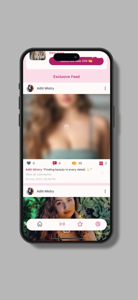 Interface of Aditi Mistry app showing exclusive content feed and social engagement features