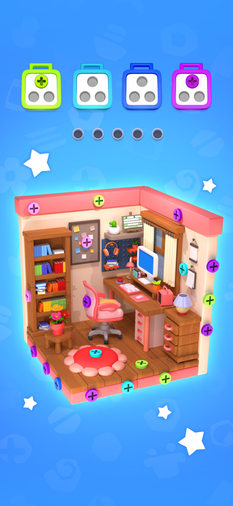 Screw Sort Puzzle™-Pin Jam 3D - A colorful 3D isometric office room in Screw Sort Puzzle where players must sort and collect screws from various furniture pieces