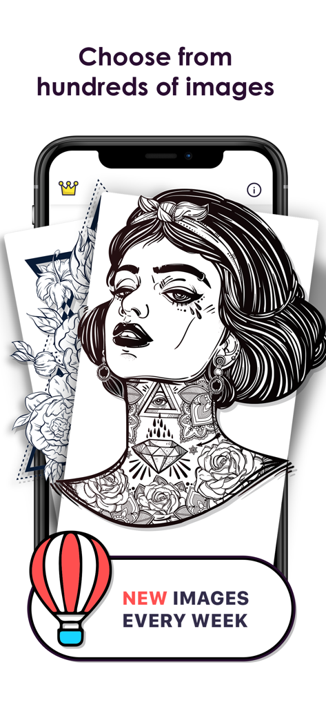 MyColorful - Coloring Book - MyColorful coloring book app screen showing a library of images and an announcement for new images every week.