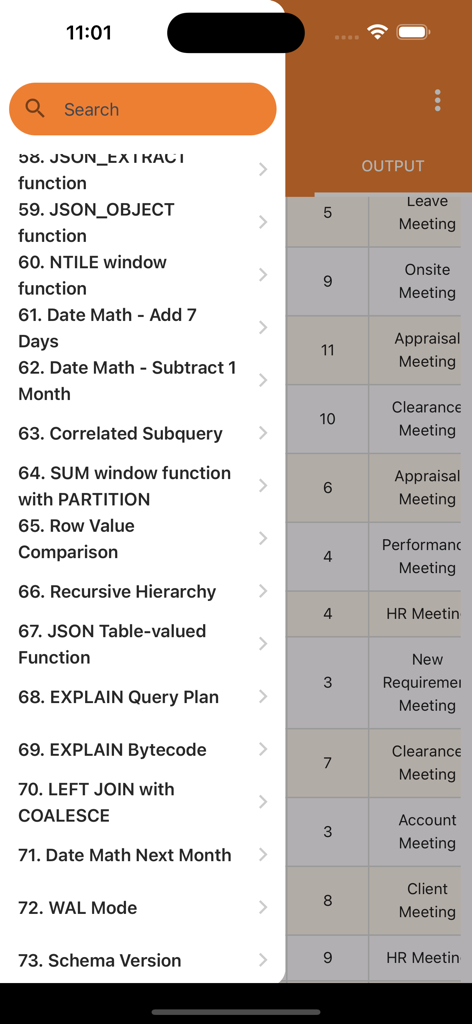 SQL Code Play - A sidebar menu in the SQL Code Play app showing a list of advanced SQL topics including window functions, JSON handling, and joins.
