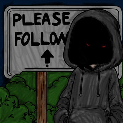 a sign that says please follow with a girl in a foggy hoody