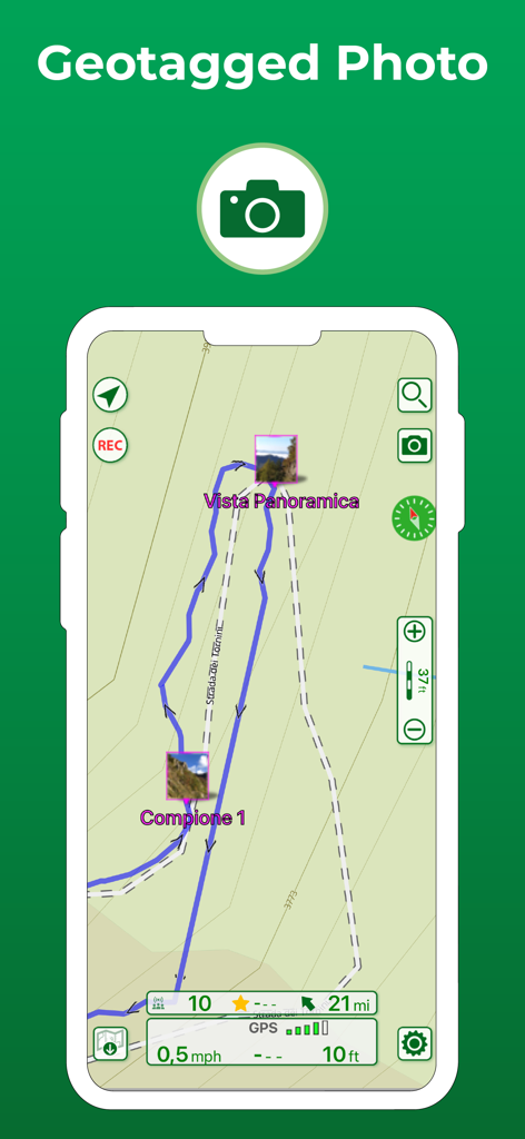 Terra Map - Trail Explorer - Terra Map trail tracker showing a recorded path with geotagged photos on a topographic map.