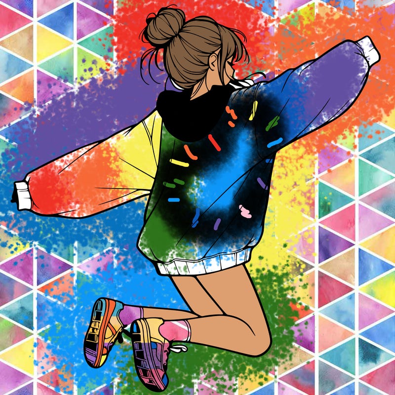 realistic girl jumping with a bun and oversized sweatshirt