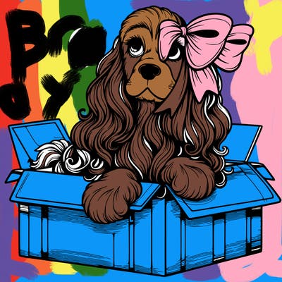 a spaniel american cocker with a beautiful bow coming out if a box realistic cute