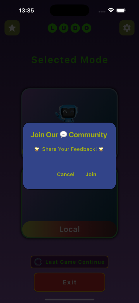 Ludo Offline Board Game - Una ventana emergente de únete a nuestra comunidad en la aplicación Ludo Juego de Mesa sin Conexión solicitando comentarios