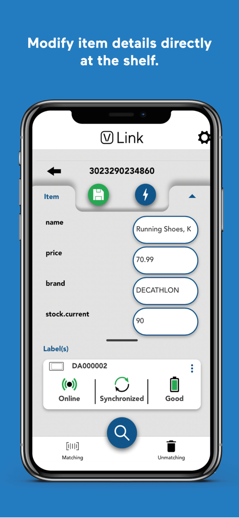 Interfaz de la aplicación móvil VUSION Link para actualizar el precio del producto y los detalles de existencias