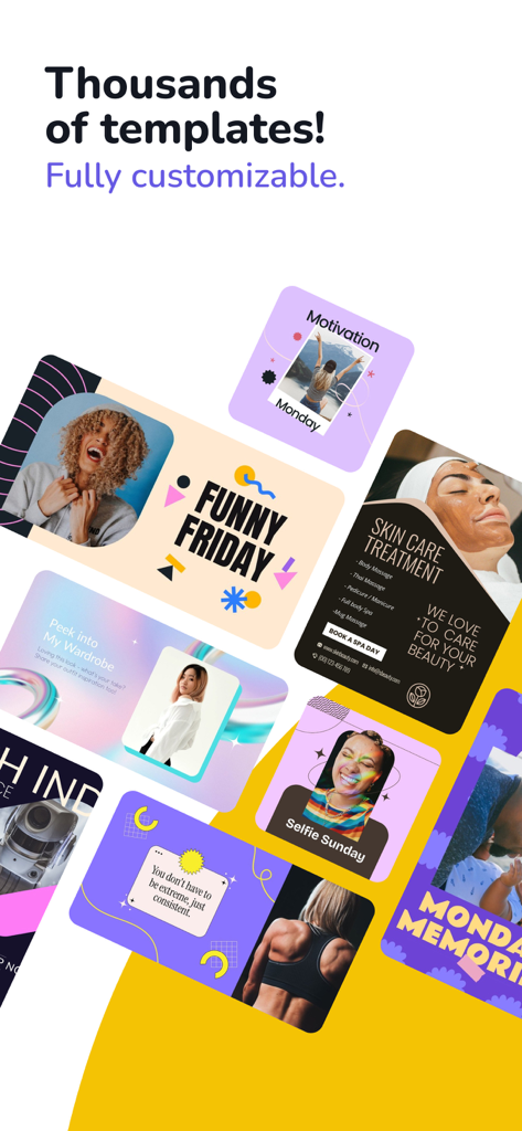 Una variedad de plantillas de diseño gráfico totalmente personalizables para redes sociales y portadas de libros.