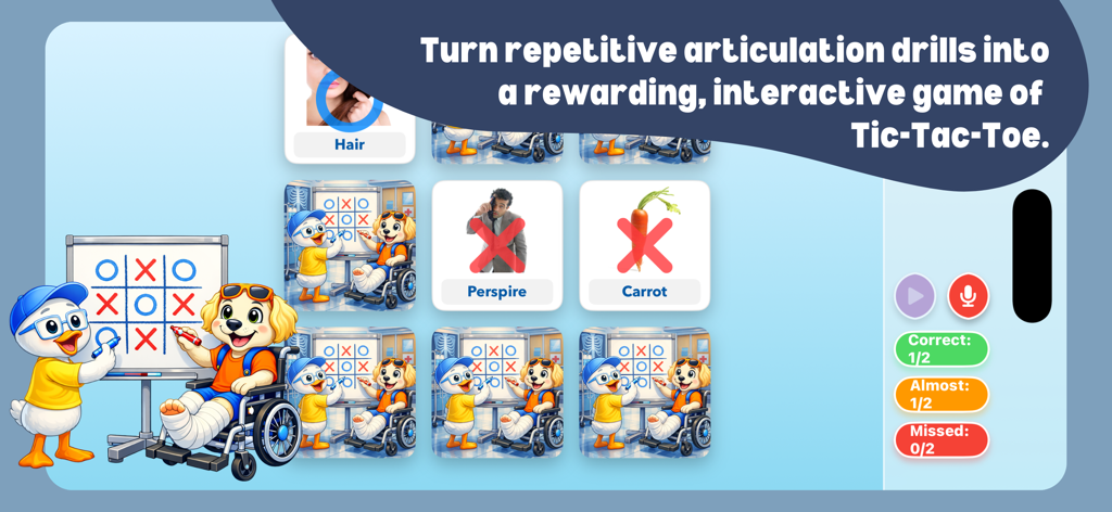 Interactive Tic-Tac-Toe game for practicing R articulation drills in the R Intensive Pro app.