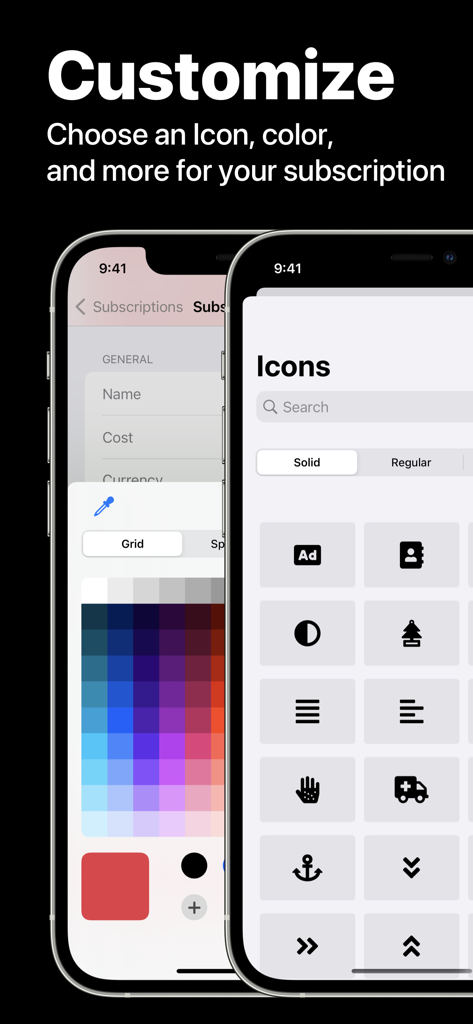 Subscription Manager - Recur - Screenshot of Recur app showing customization options for subscription icons and colors.