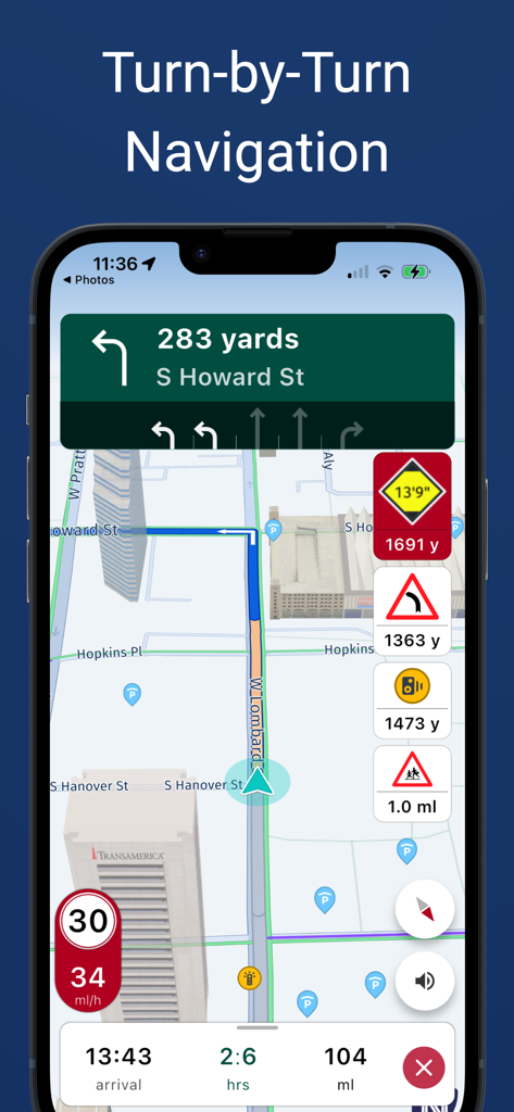 NaviTruck GPS Truck & Caravan - NaviTruck turn by turn navigation interface showing truck safety alerts and lane guidance