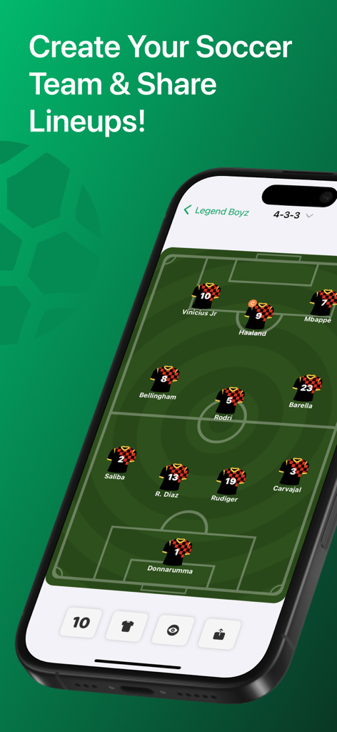 Smartphone mostrando un tablero táctico de fútbol con una formación 4-3-3 y nombres de jugadores