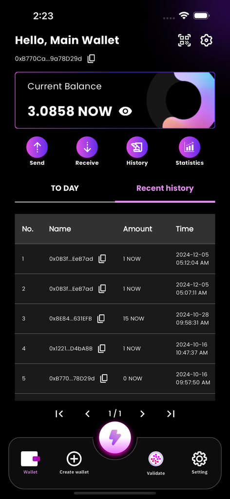 mobiNODE - Interface do aplicativo MobiNode mostrando saldo de tokens NOW e lista de histórico de transações recentes