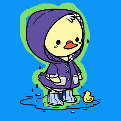baby duck in a rain coat and boots, in a puddle while it’s raining