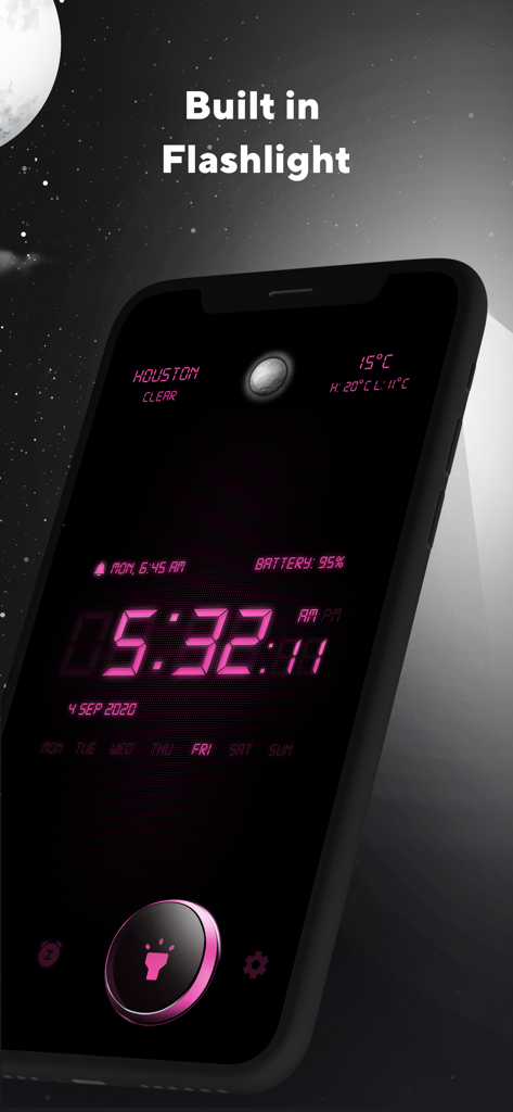 Alarm Clock: Music Sleep Timer - Digital alarm clock app screen with pink numbers and a built-in flashlight button