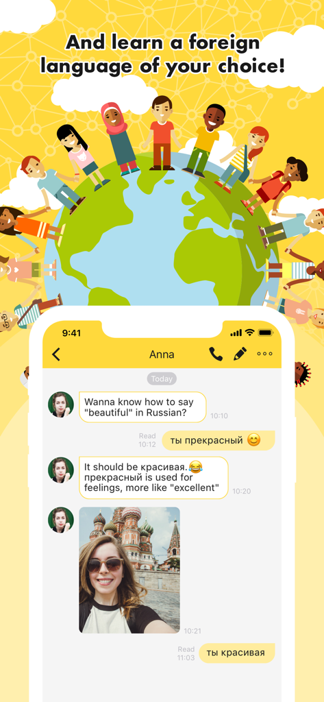 FunnyTalk - FunnyTalk app screen showing a one on one Russian language chat and an illustration of global users holding hands around the world