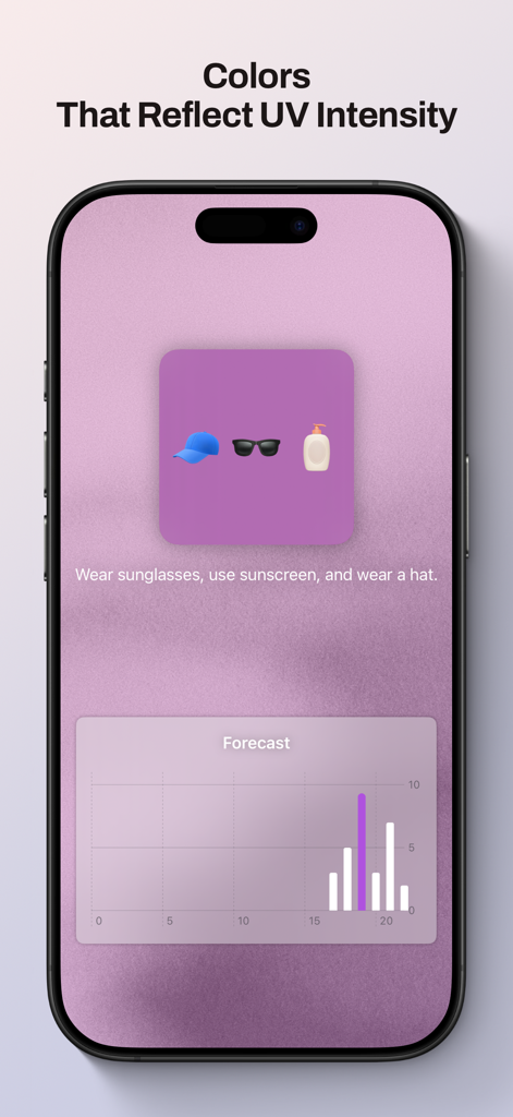 Purple: UV - Smartphone screen of Purple UV app showing sun safety icons and a UV index forecast chart on a purple background