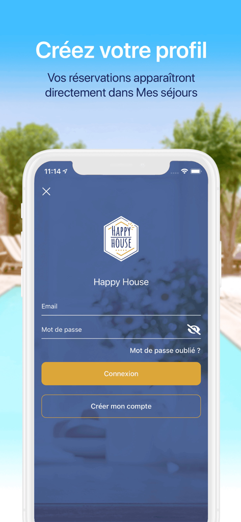 Happy House - Login screen of the Happy House travel app showing options to sign in or create an account for premium curated stays.