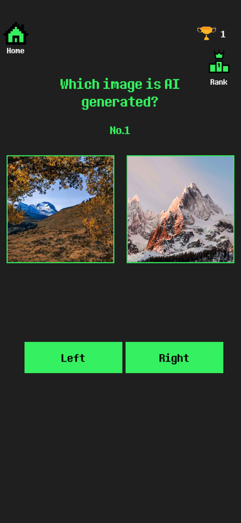 Una interfaz de juego móvil que pide al usuario que identifique cuál de las dos imágenes de paisajes montañosos está generada por IA con botones de selección Izquierda y Derecha.