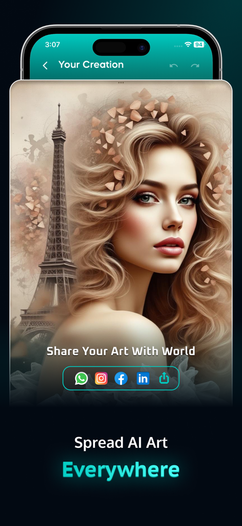 AI Image Generator - AI Tools - Arte generado por IA de una mujer y la Torre Eiffel con botones para compartir en redes sociales.