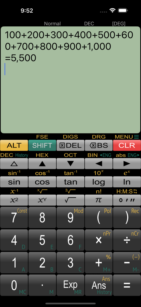 Panecal scientific calculator interface showing a multi-line mathematical formula and result on a mobile screen.
