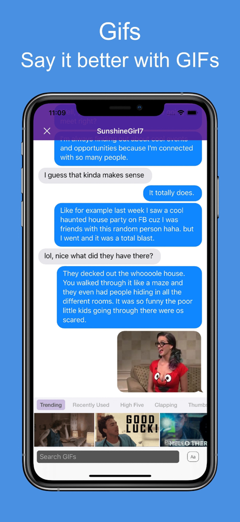 Vibe Chat: Video Chat Live - Oberfläche der Vibe Chat App, die ein Gespräch mit einer integrierten GIF-Sharing-Funktion und einer durchsuchbaren GIF-Bibliothek unten anzeigt.