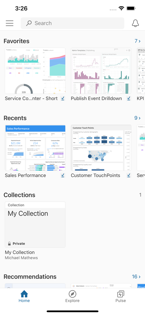 Home screen of the Tableau Mobile app showing dashboard favorites and recent views