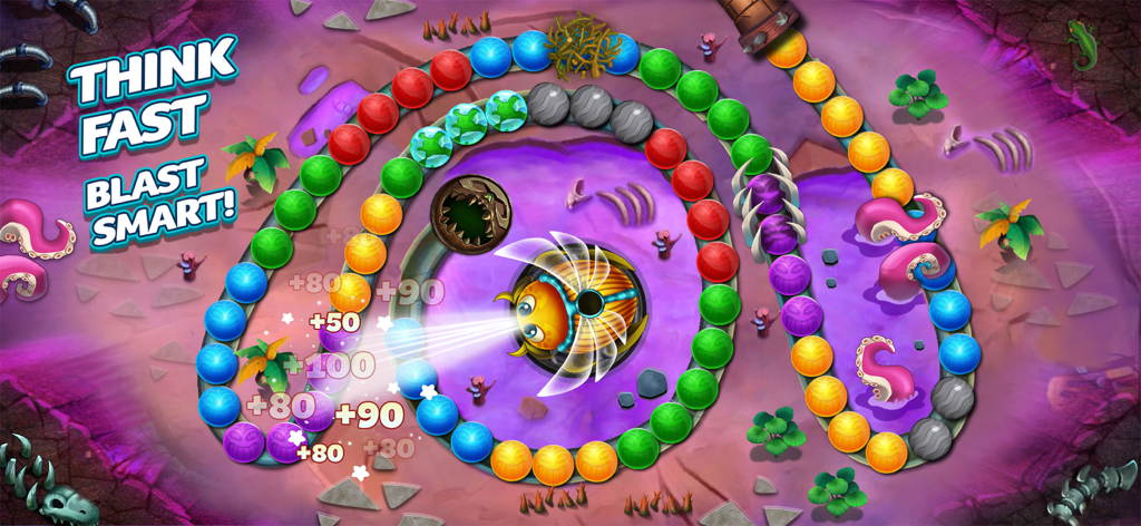 Zumball Classic - Marble Rush - Zumball Classic gameplay showing a golden beetle shooting colored marbles on a winding path with magical power-ups