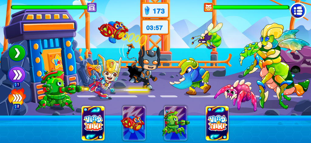 Vlad and Niki characters as superheroes fighting monsters in an action game