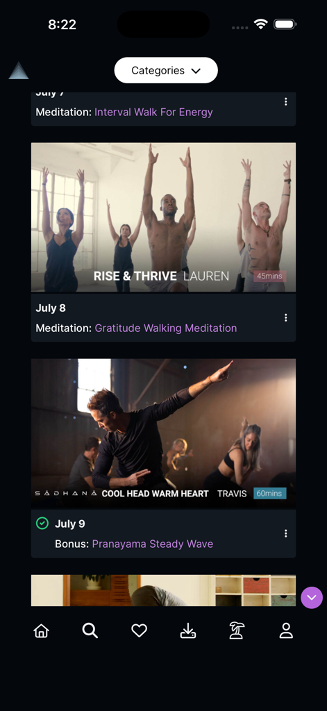 Inner Dimension - Inner Dimension app dashboard displaying a daily schedule of cinematic yoga and meditation classes with thumbnails of instructors Lauren and Travis