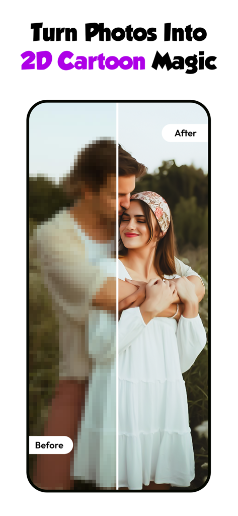 A before and after comparison of a couple photo being turned into 2D cartoon art with ToonAI