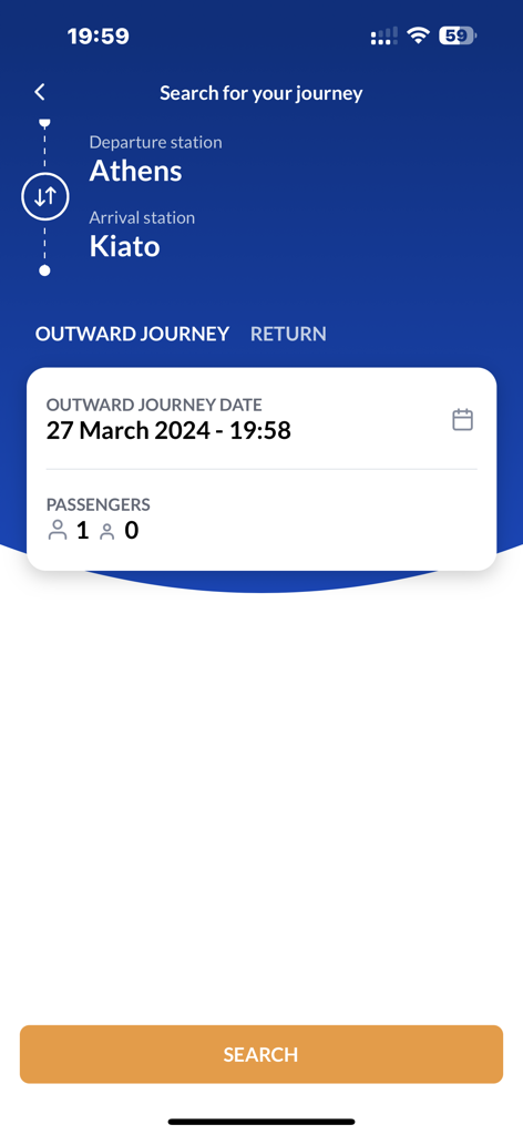 Interfaz de la aplicación móvil Hellenic Train para buscar viajes en tren en Grecia de Atenas a Kiato