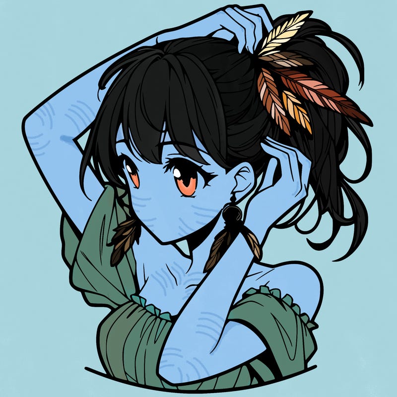 anime girl tucking her hair behind her ear with feathered earrings