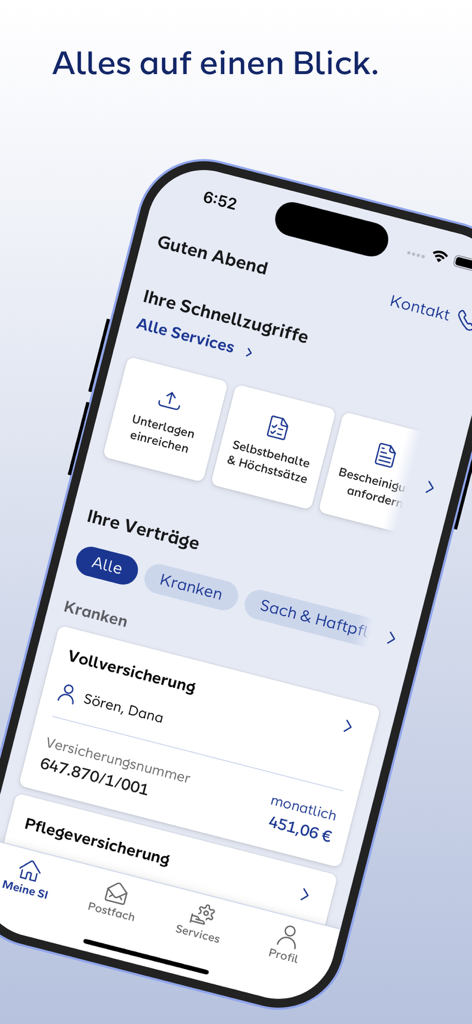 Meine SI Mobile - Mobile dashboard of the Meine SI app displaying insurance policy details and quick service buttons