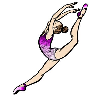 gymnast doing a leap in a leotard with a bent back leg