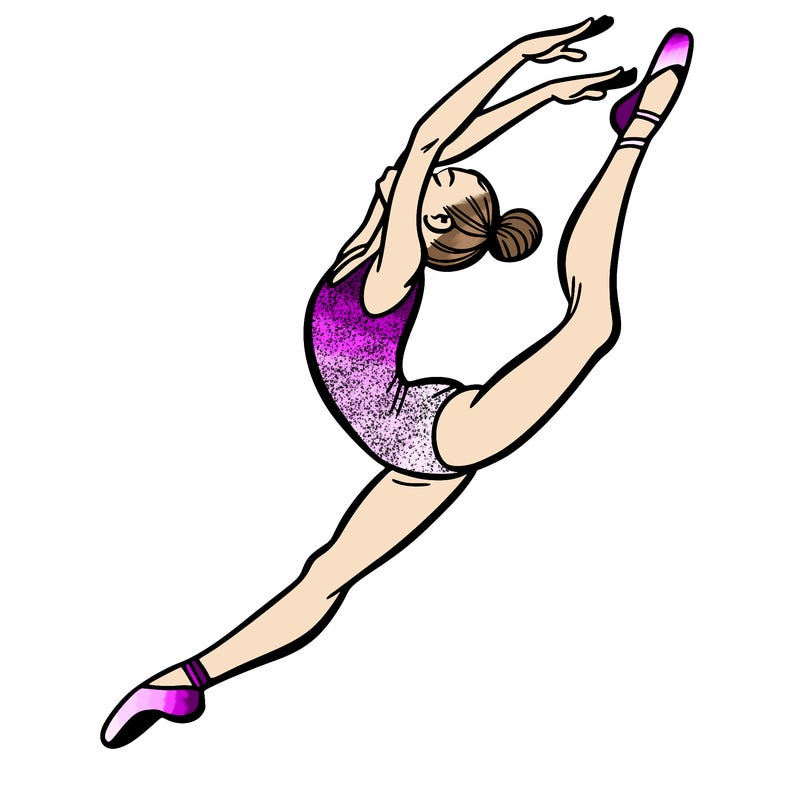 gymnast doing a leap in a leotard with a bent back leg