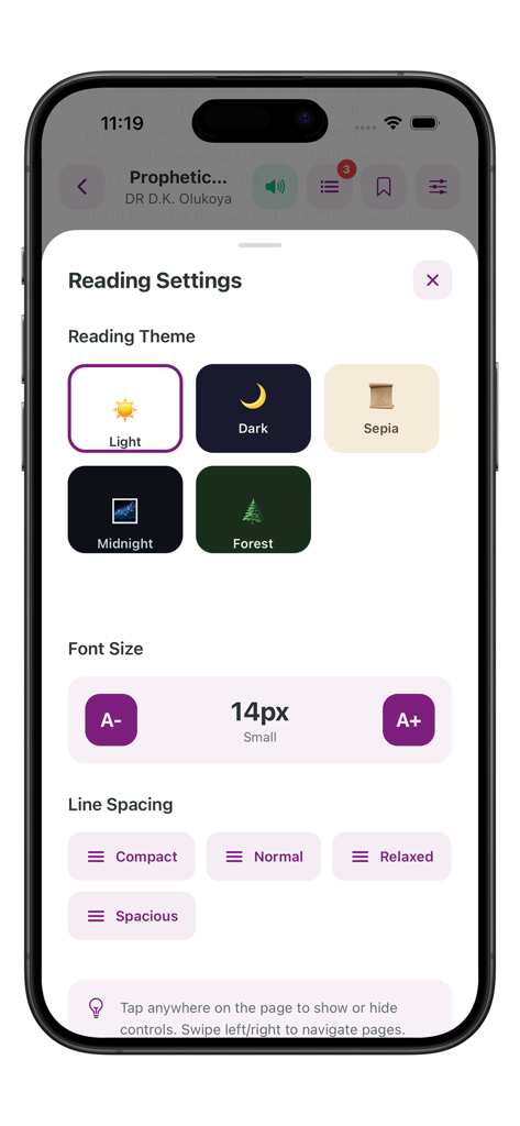 Interface of the MFM eBooks app showing customizable reading settings like theme, font size, and line spacing.