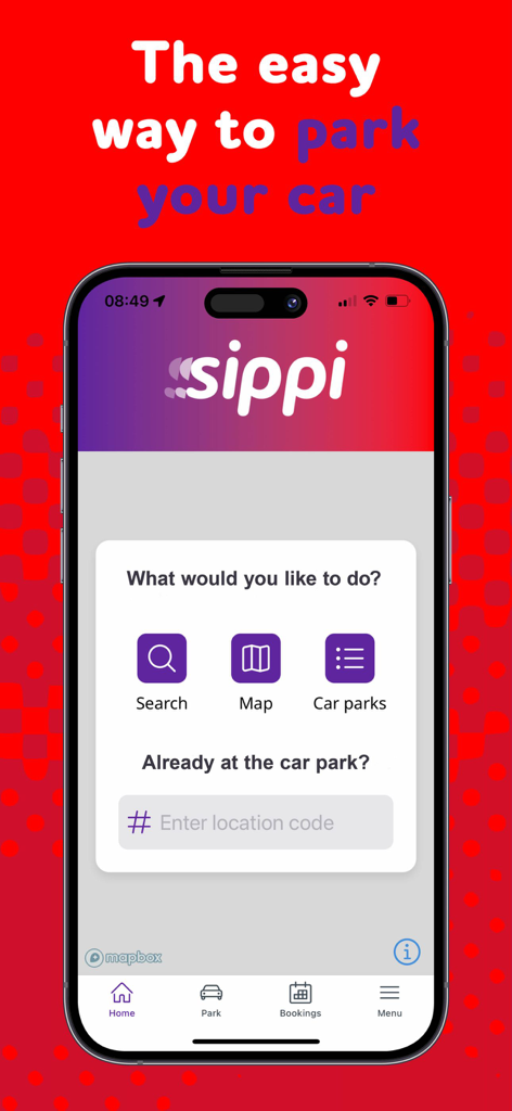 Ecrã inicial da aplicação móvel Sippi mostrando mapa de pesquisa e opções de parques de estacionamento para estacionamento urbano