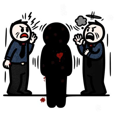 a person standing without feeling and two people inside, one angry and the other calming down the angry one