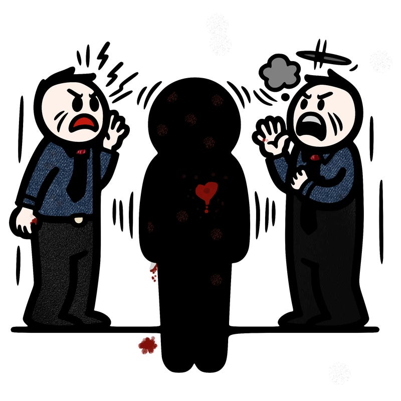 a person standing without feeling and two people inside, one angry and the other calming down the angry one