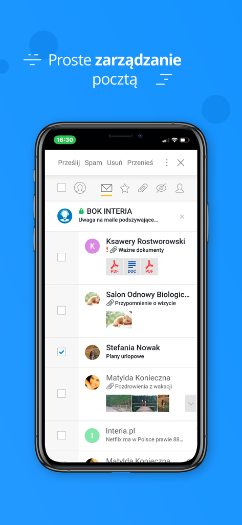 Poczta Interia mobile app showing inbox with email previews and attachments