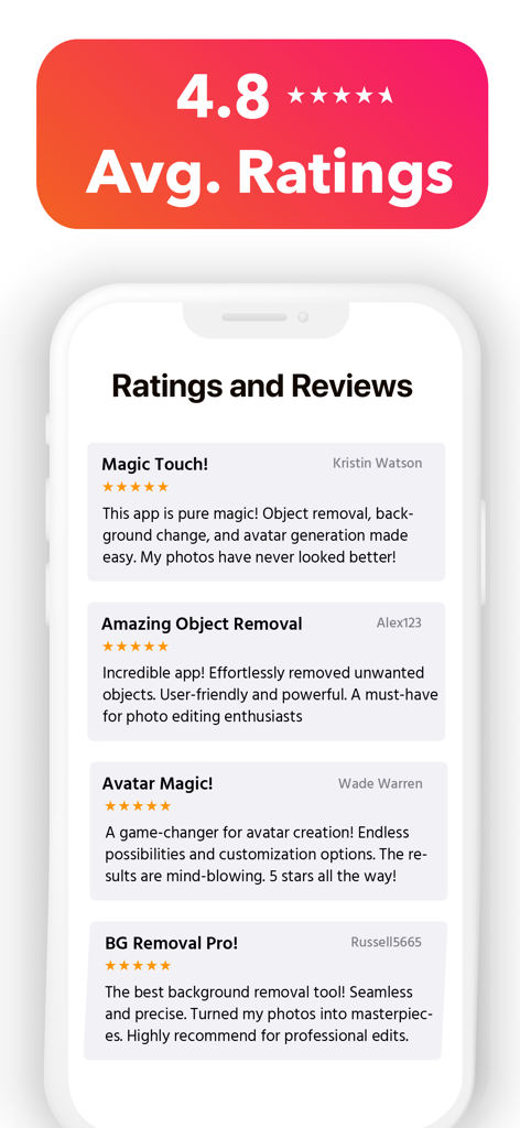 Magic Eraser:Remove Background - Screenshot showing a 4.8 average rating and positive user reviews for the Magic Eraser background removal app.