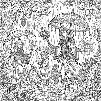 Experience the mystical world of elven mages braving a magical rainy day. This captivating coloring page invites you to bring an enchanting forest scene to life with your favorite colors.