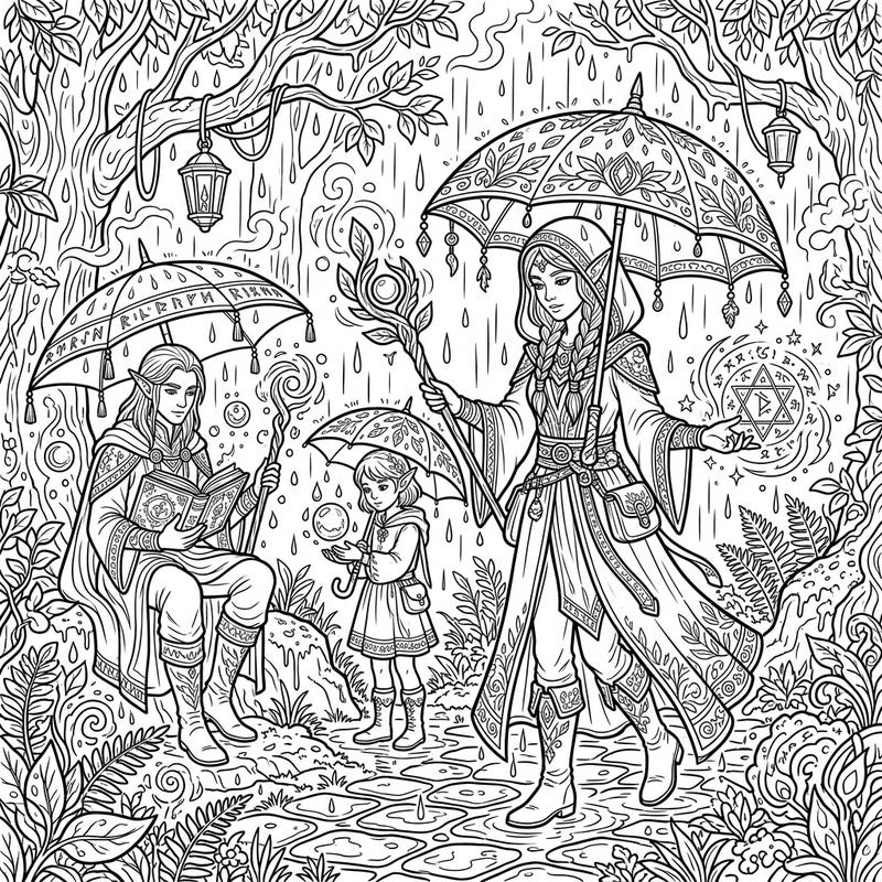 Experience the mystical world of elven mages braving a magical rainy day. This captivating coloring page invites you to bring an enchanting forest scene to life with your favorite colors.