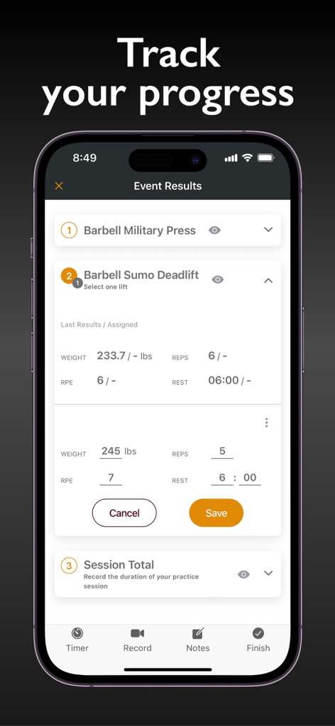 StrongFirst - StrongFirst Training App interface showing workout results and progress tracking for barbell deadlifts.